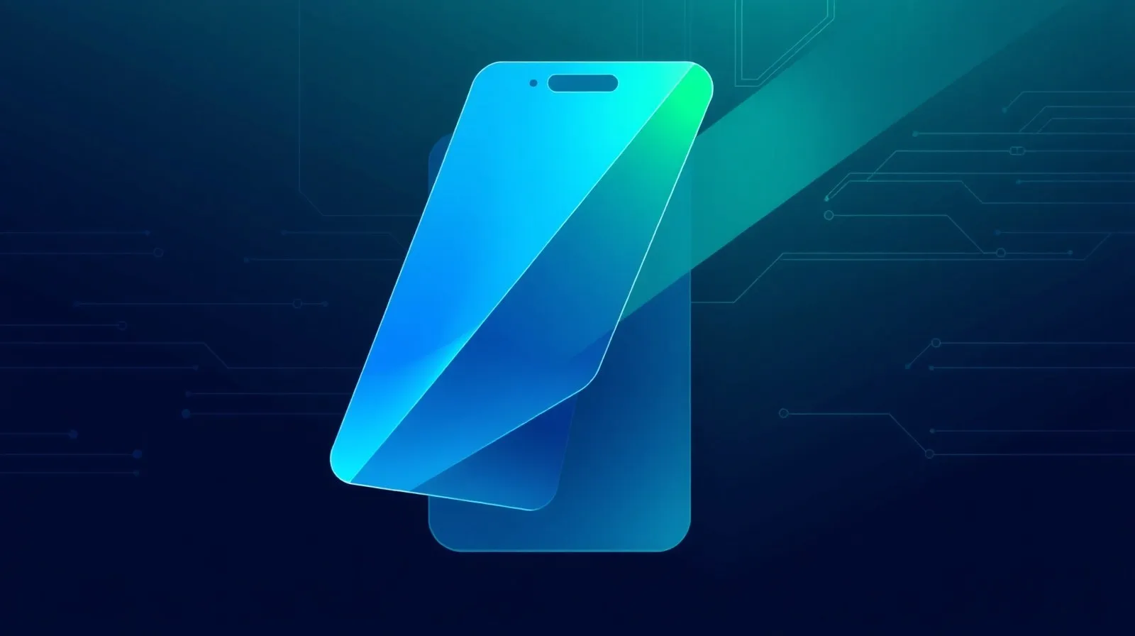 Ilustración abstracta de capas de interfaz de software fusionándose en una sola, en tonos azules y verdes
